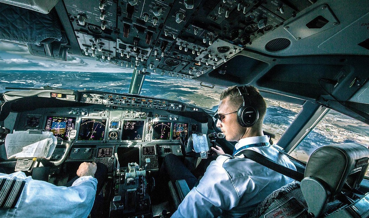 Airline pilots in the cockpit.