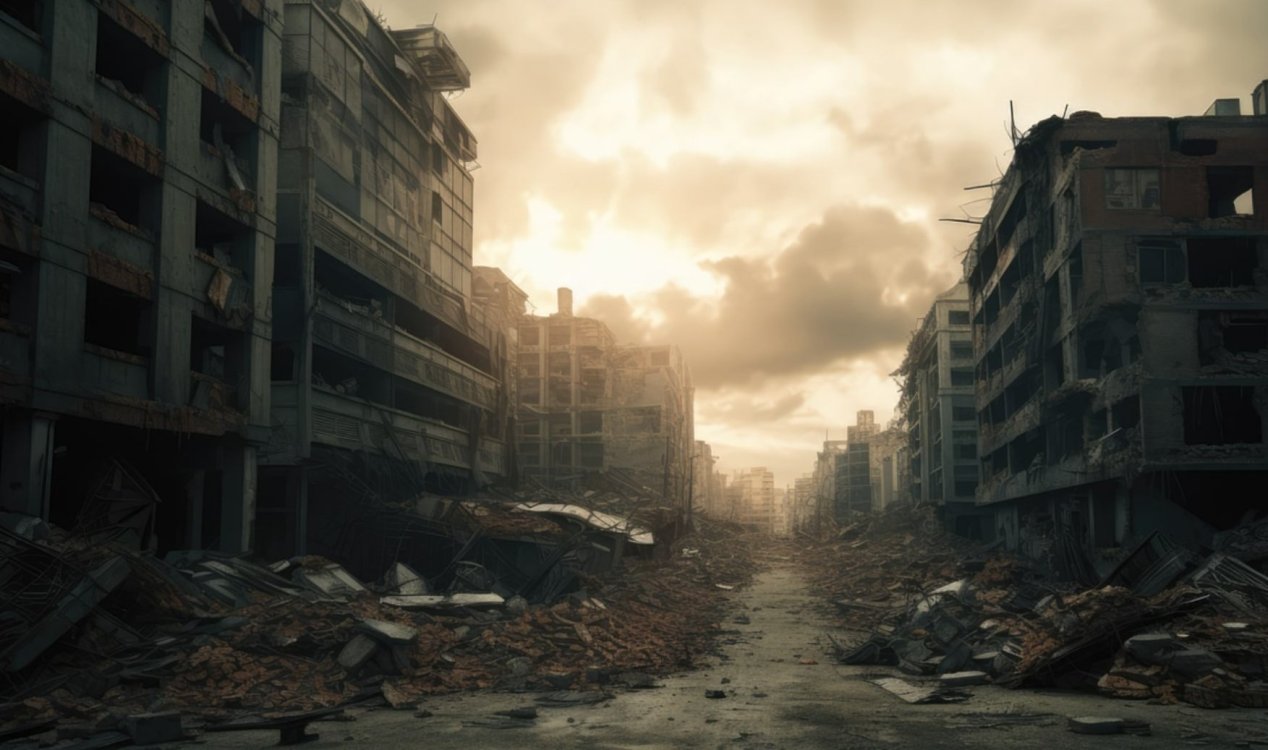 An apocalyptic scene of a destroyed city.