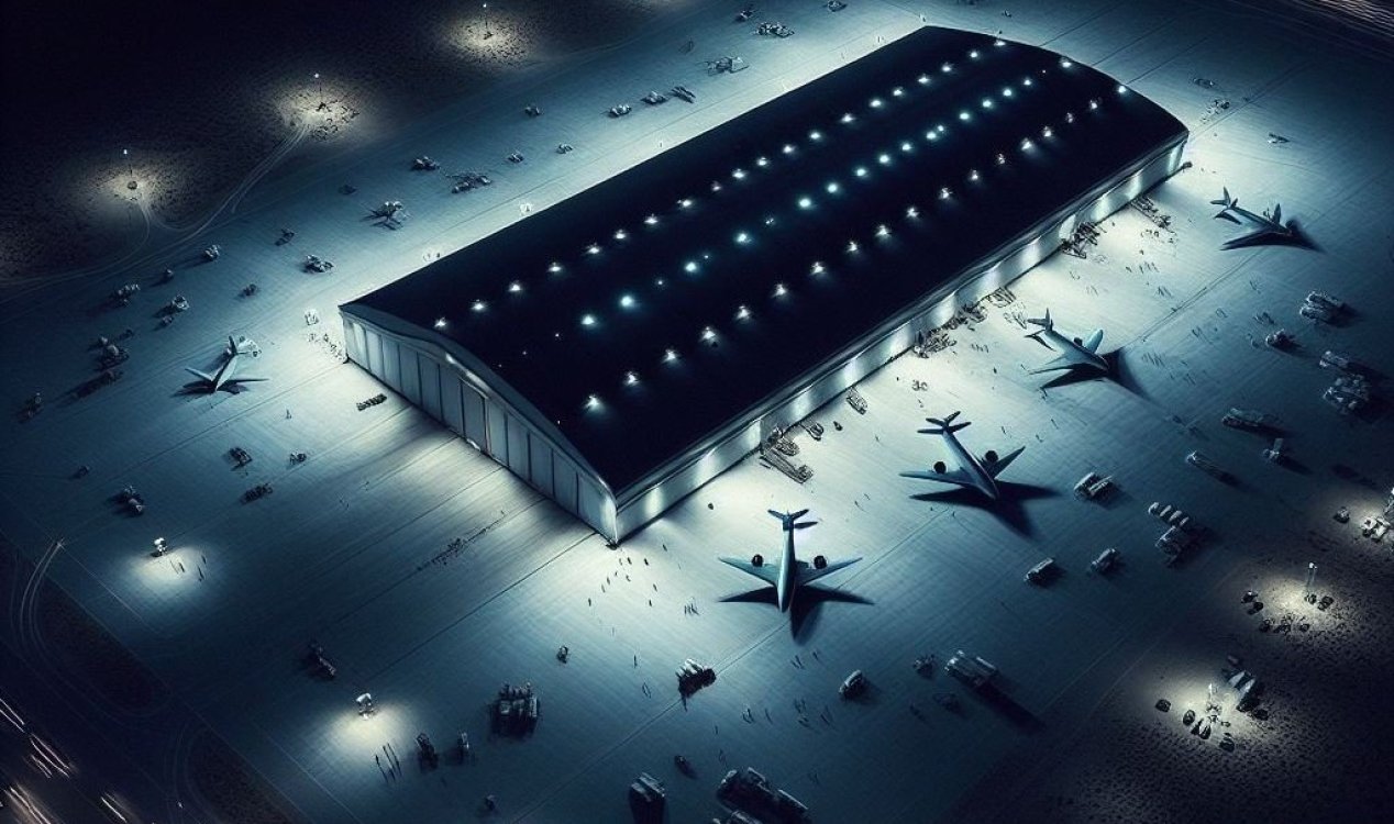 Dark secretive hangar at Area 51.