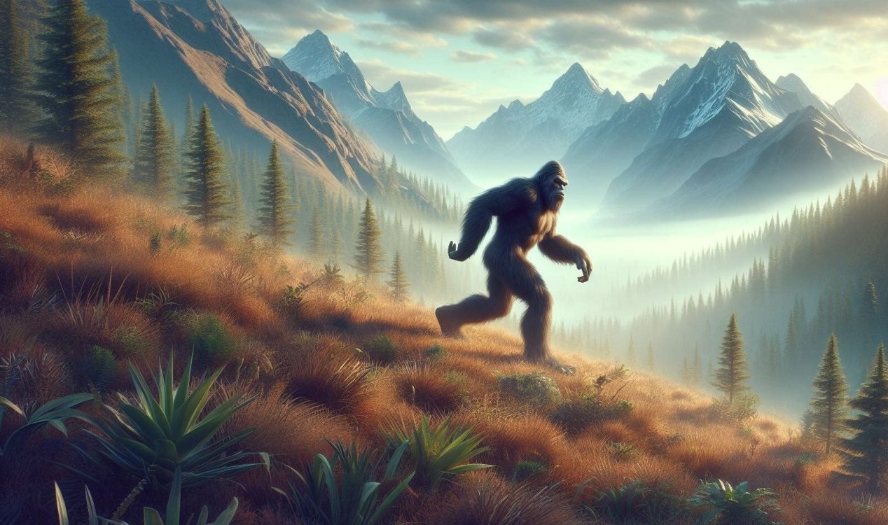 Bigfoot running along a ridge.