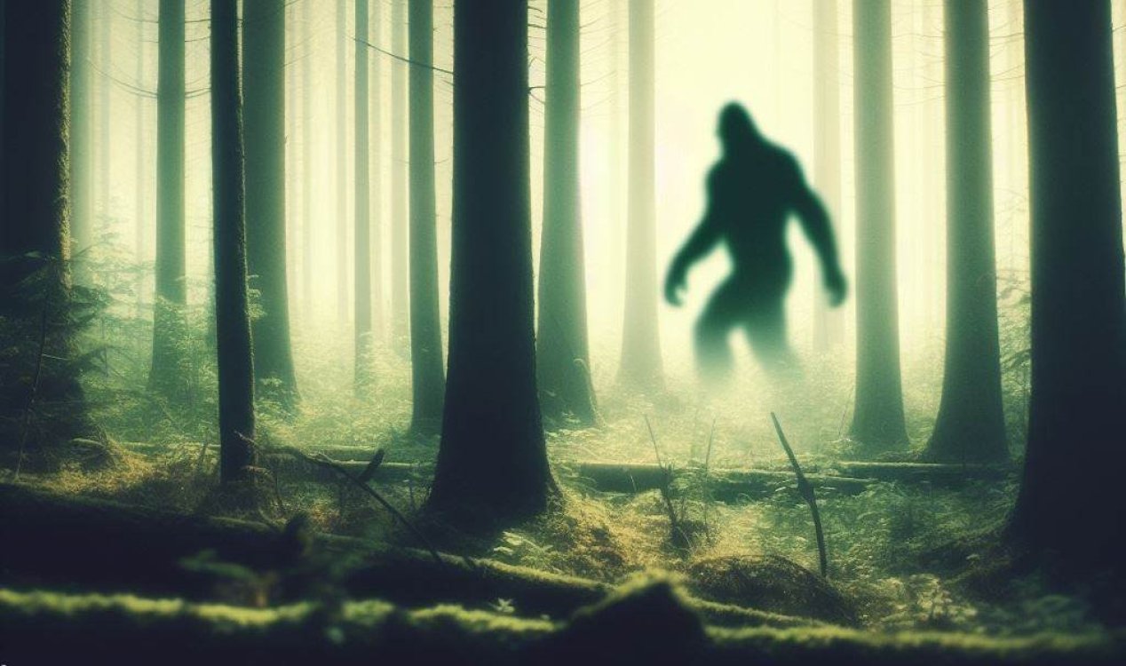 Bigfoot walking through the forest.