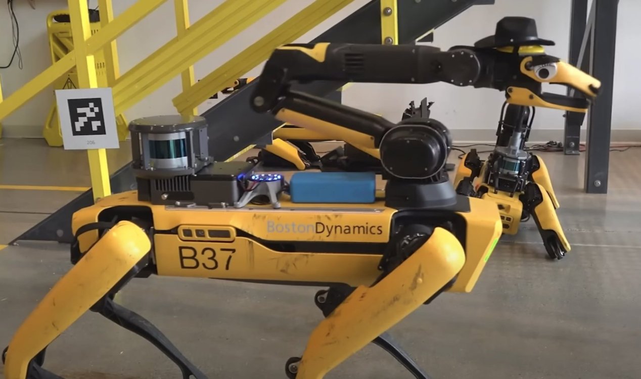 Boston Dynamics robot Spot wearing a hat.