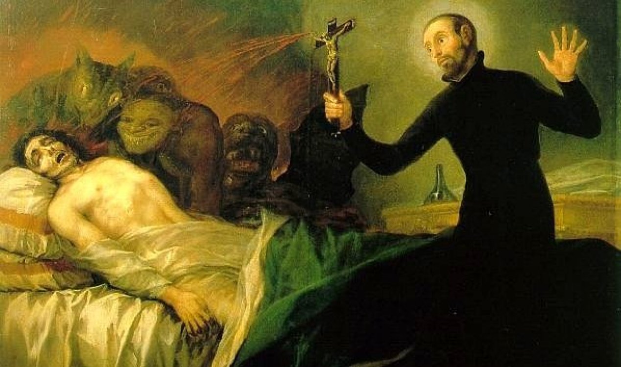 Artwork of a priest performing an exorcism.