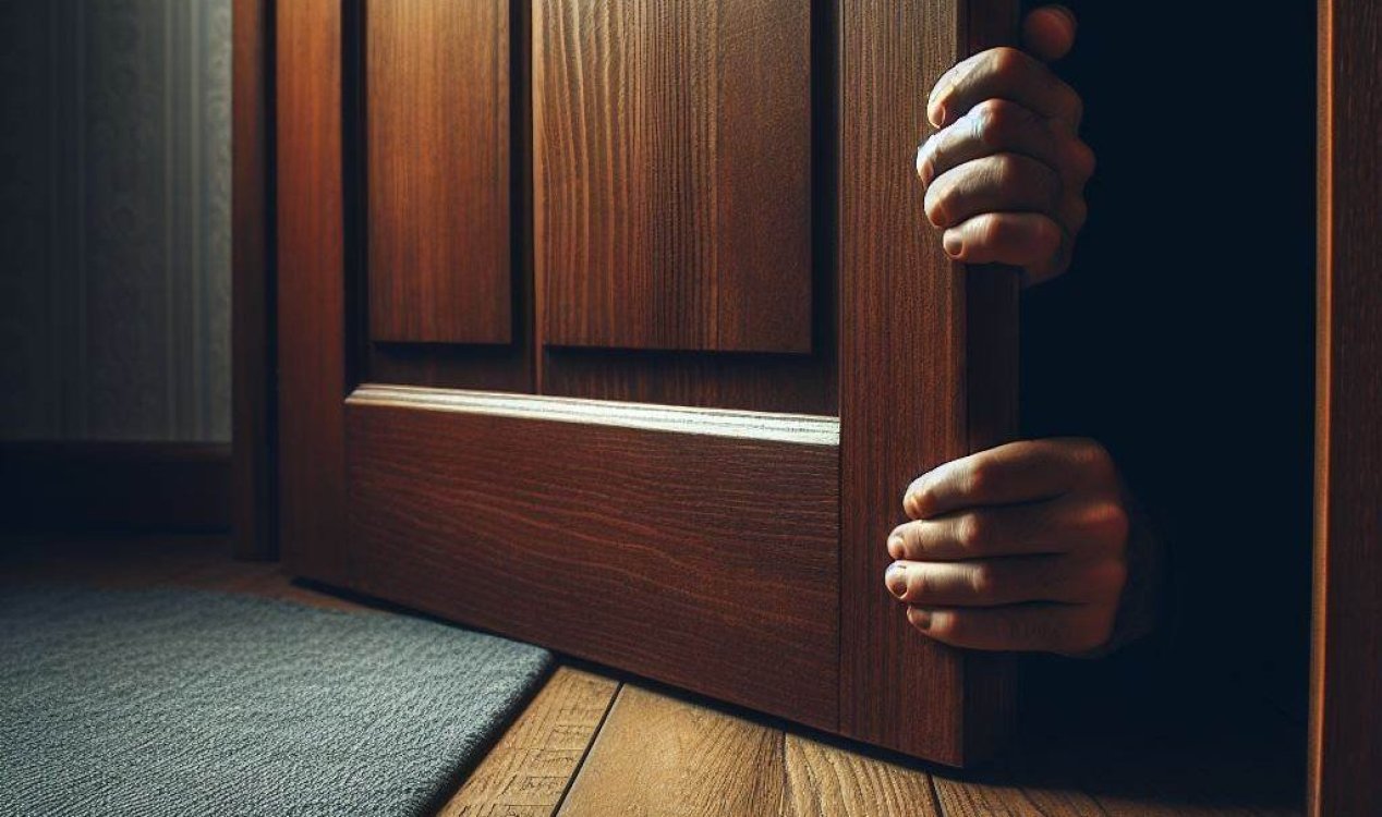 Someone peeking around wooden door.