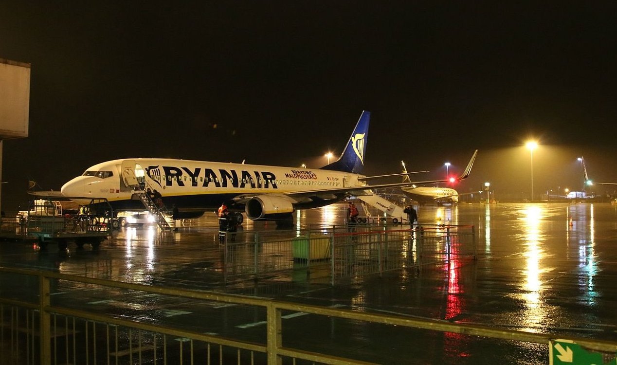 Ryanair flight at Stansted Airport.