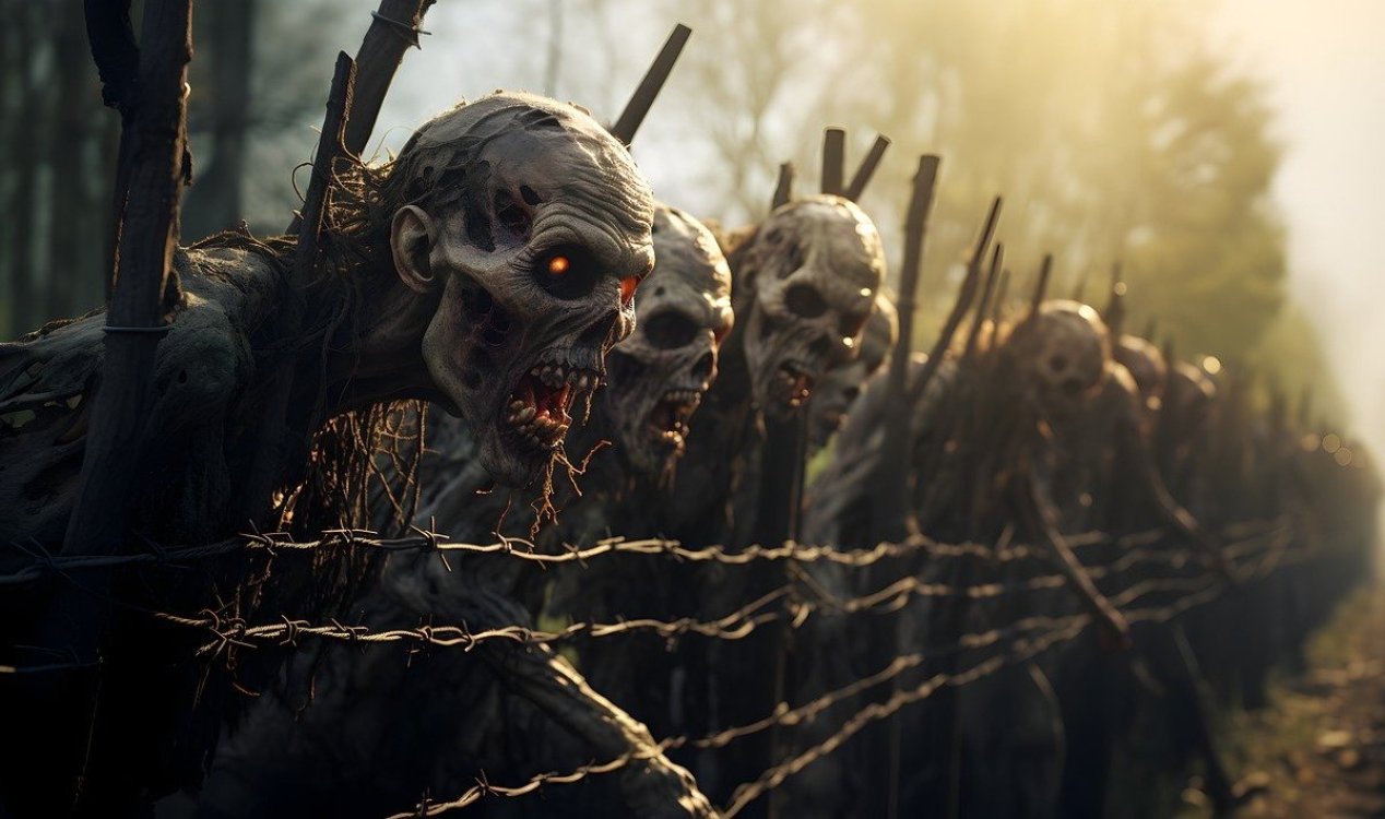Zombies attempting to break through a barbed wire fence.