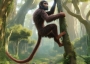 Ape with a long tail climbing a tree.