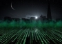 Matrix code streaming toward a city skyline at night.