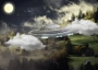 UFO flying through clouds over a grassy landscape.