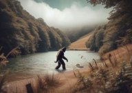 Bigfoot next to a lake.