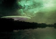 UFO hovering near a lake.